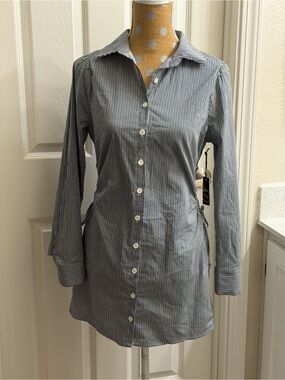 Liberty Love classic pinstripe blue white button up peekaboo sides dress NWT